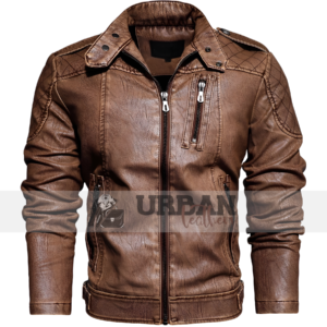 Men's winter outwear leather biker jacket made from faux PU leather, slim fit design for casual and motorcycle wear, offering warmth and style.