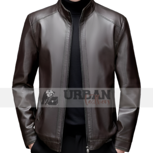 Mens Vintage Stand Collar Leather Bomber Jacket Slim fit, full zip closure, and classic bomber style perfect for fall fashion.