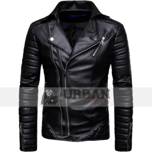 Mens premium leather stand collar punk motorcycle jacket featuring a bold design, zipper closure and multiple pockets for a stylish durable fit.