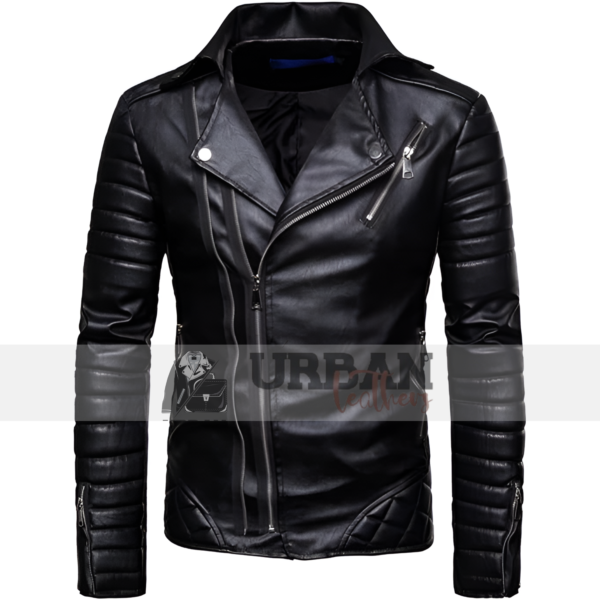 Mens premium leather stand collar punk motorcycle jacket featuring a bold design, zipper closure and multiple pockets for a stylish durable fit.