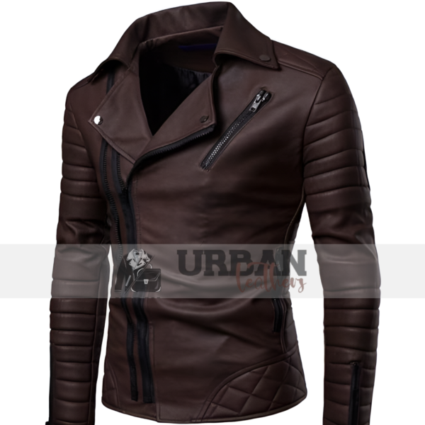 Mens premium leather stand collar punk motorcycle jacket featuring a bold design zipper closure and multiple pockets for a stylish durable fit.