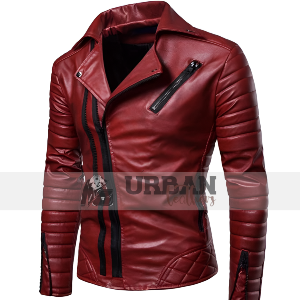 Mens premium leather stand collar punk motorcycle jacket featuring a bold design zipper closure and multiple pockets for a stylish durable fit.