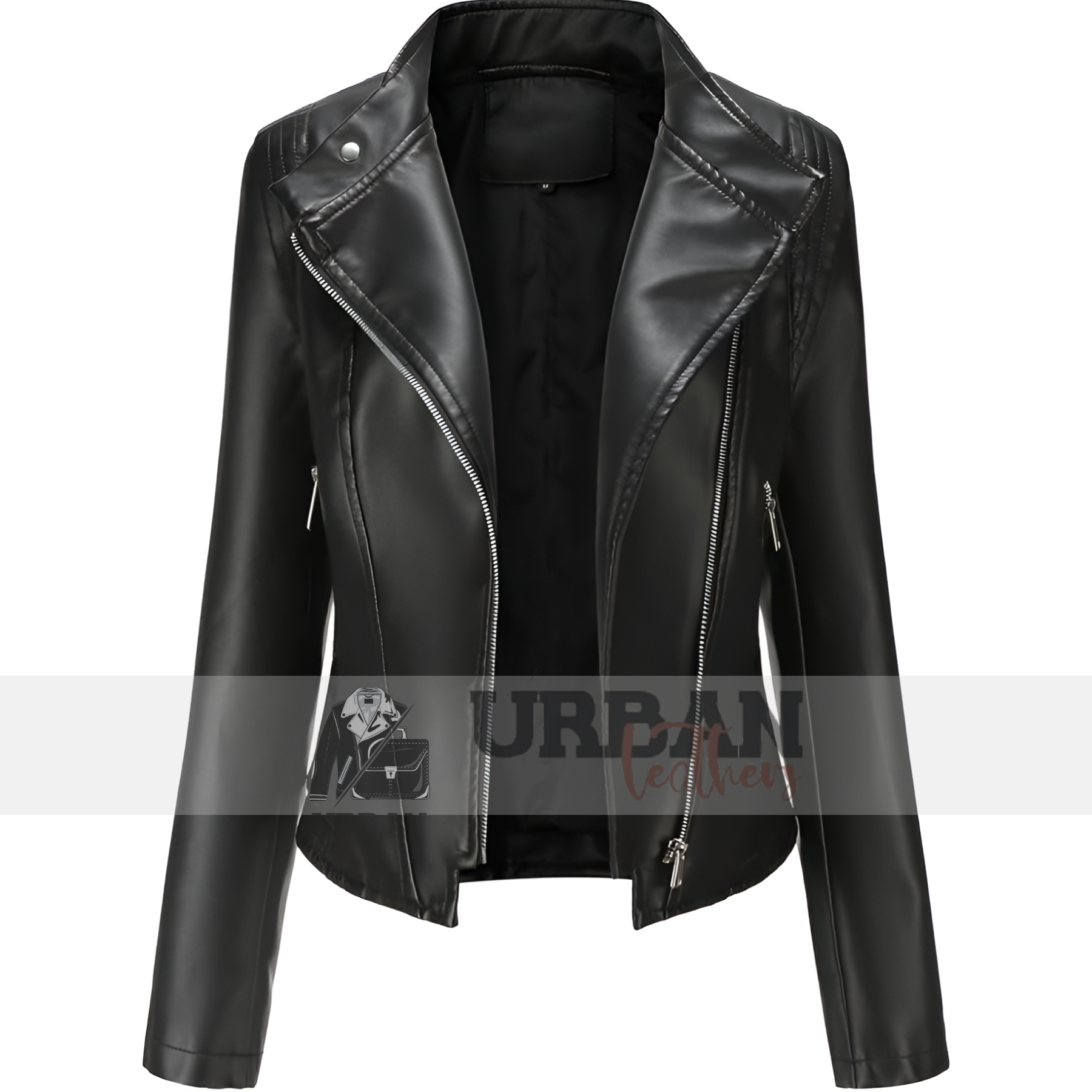 A sleek, slim-fit cropped jacket with zip-up closure and trendy biker details, perfect for adding an edgy touch to any outfit.