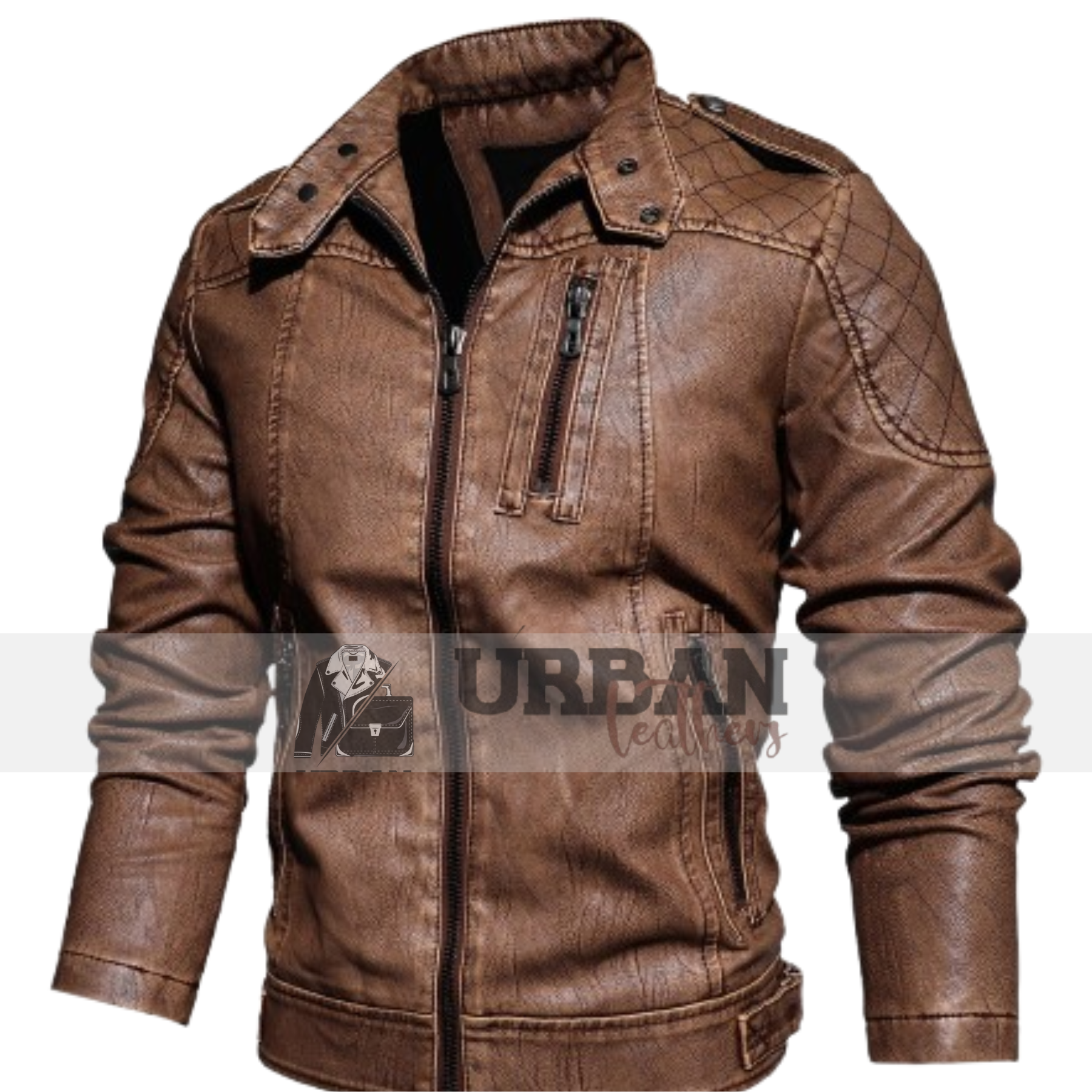 Men's winter outwear leather biker jacket made from faux PU leather, slim fit design for casual and motorcycle wear, offering warmth and style.