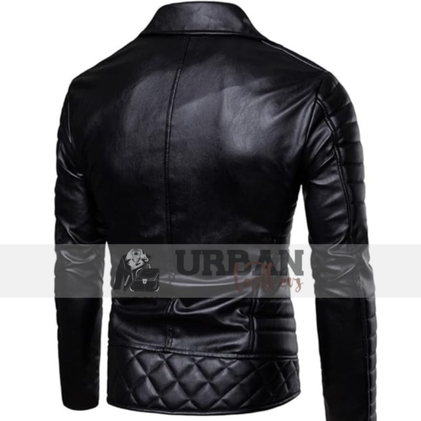 Mens premium leather stand collar punk motorcycle jacket featuring a bold design zipper closure and multiple pockets for a stylish durable fit.