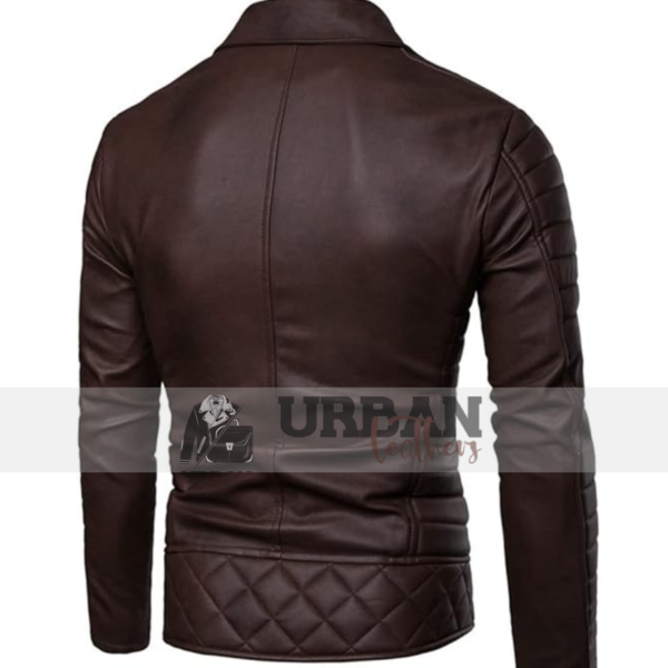 Mens premium leather stand collar punk motorcycle jacket featuring a bold design zipper closure and multiple pockets for a stylish durable fit.