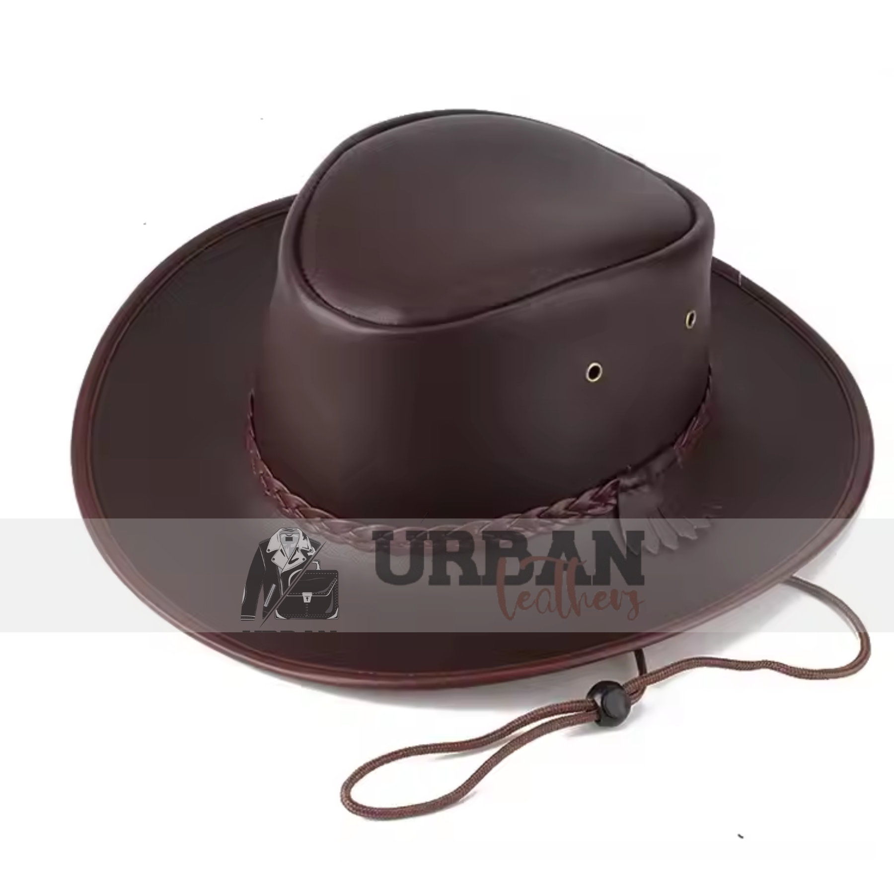 Premium leather outback hats in black and brown with braided bands and western-style design