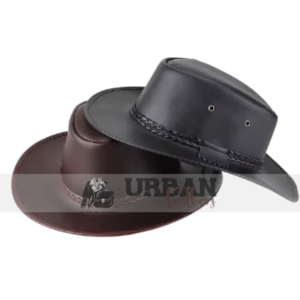 Premium leather outback hats in black and brown with braided bands and western-style design