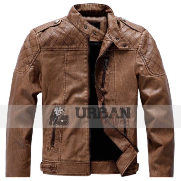 Men's winter outwear leather biker jacket made from faux PU leather, slim fit design for casual and motorcycle wear, offering warmth and style.