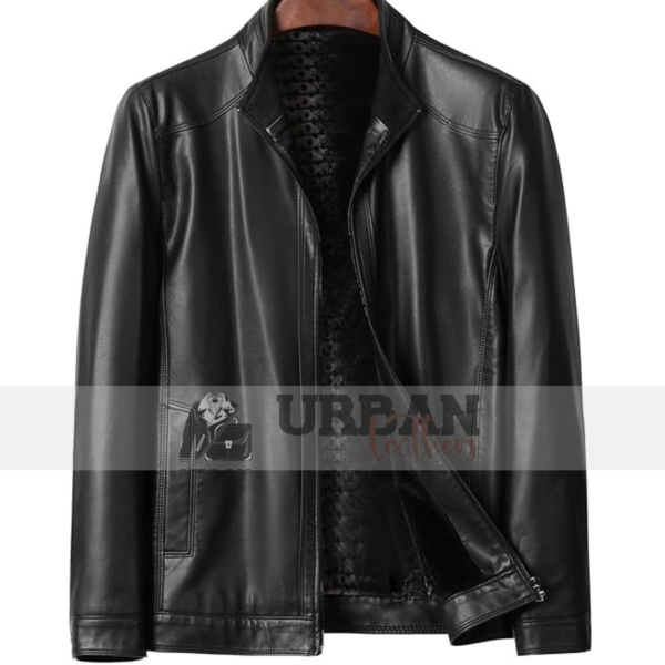 Mens Vintage Stand Collar Leather Bomber Jacket Slim fit, full zip closure, and classic bomber style perfect for fall fashion.