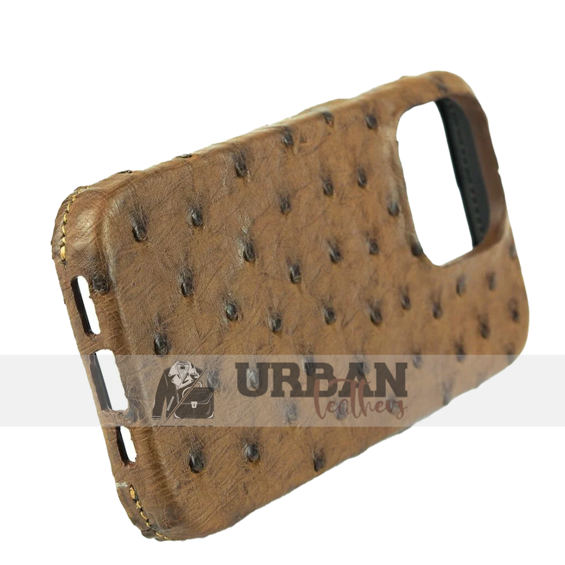 Genuine ostrich leather iPhone case for ultimate protection and style.