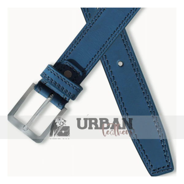 The Royal Navy Leather Belt features premium navy leather, a polished buckle, durable stitching,