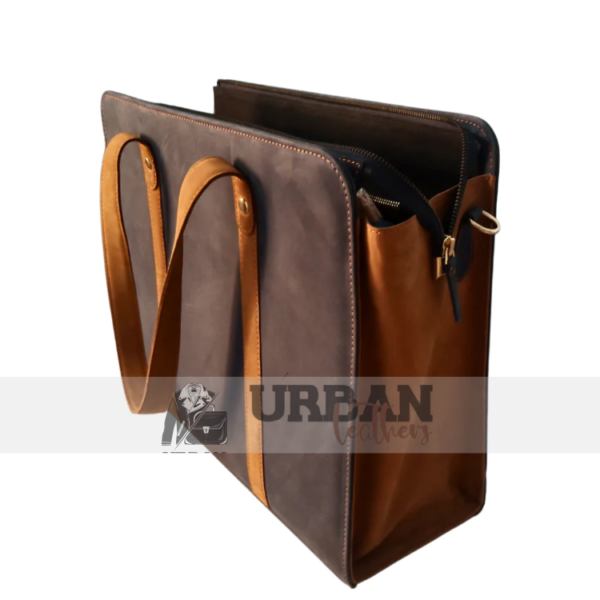 The Luxury Leather Business Tote for Women is a sleek, spacious bag with a padded laptop compartment and multiple pockets, perfect for work and travel.