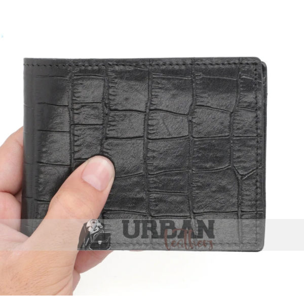 Premium black crocodile leather wallet for men with a sleek design and textured surface.