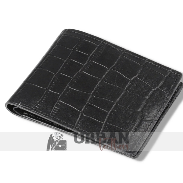 Premium black crocodile leather wallet for men with a sleek design and textured surface.