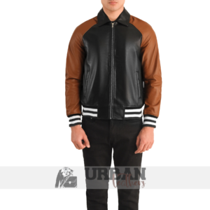 Men's black leather bomber jacket with ribbed cuffs and zipper, perfect for casual or semi-formal wear."