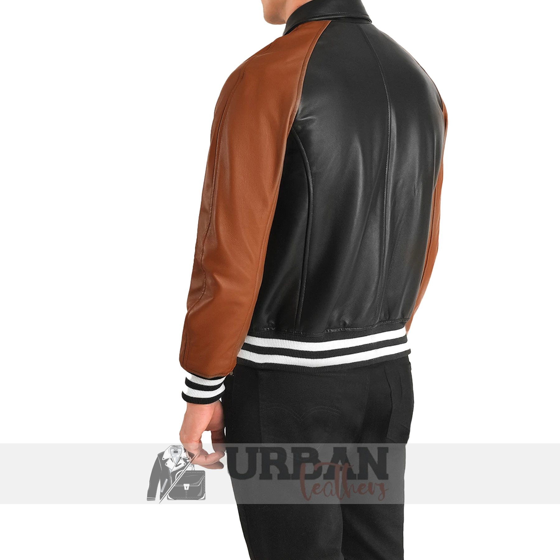 Men's black leather bomber jacket with ribbed cuffs and zipper, perfect for casual or semi-formal wear."