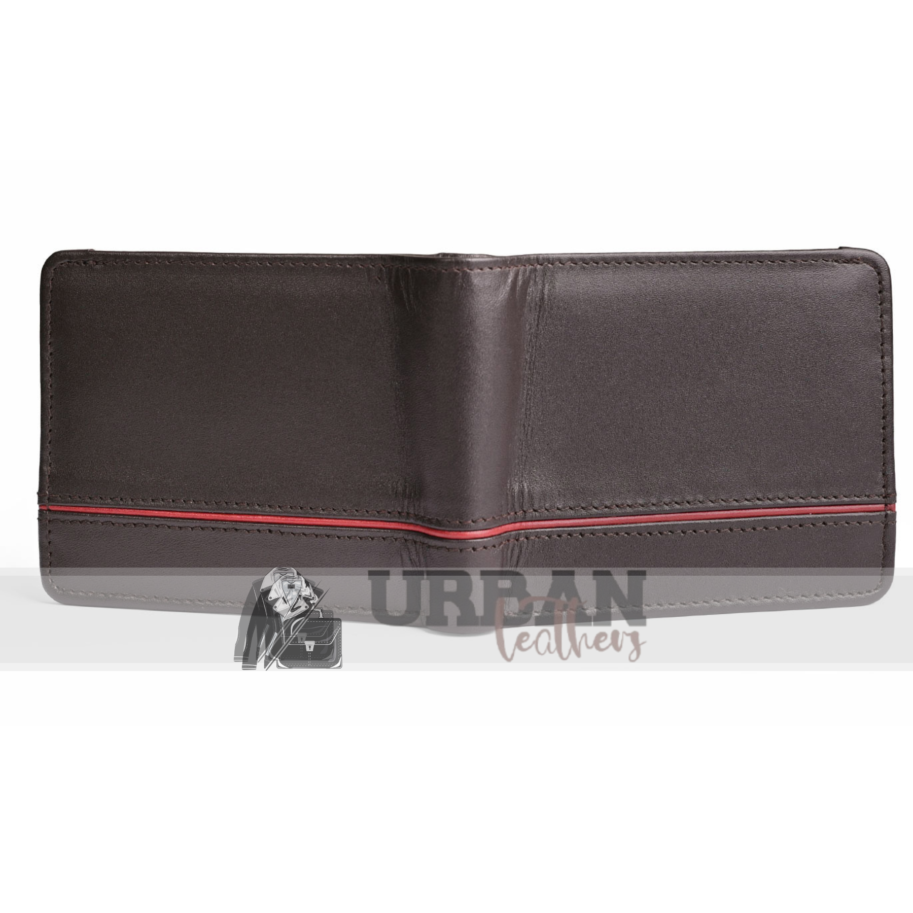 Brown leather wallet with a stylish red accent stripe.