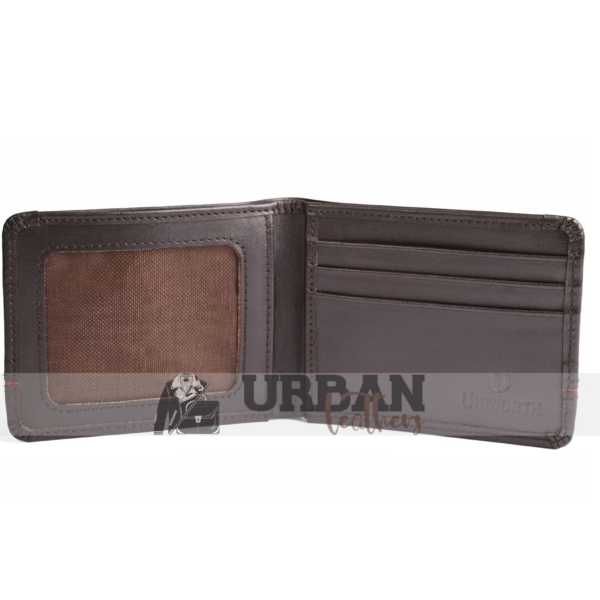 Brown leather wallet with a stylish red accent stripe.