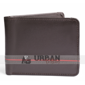 Brown leather wallet with a stylish red accent stripe.