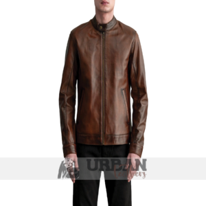 Men's Brown Leather Bomber Jacket with a timeless design.