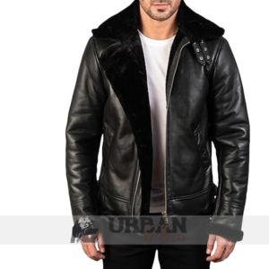 Men's Brown Shearling Leather Bomber Jacket with cozy shearling lining and classic bomber design.