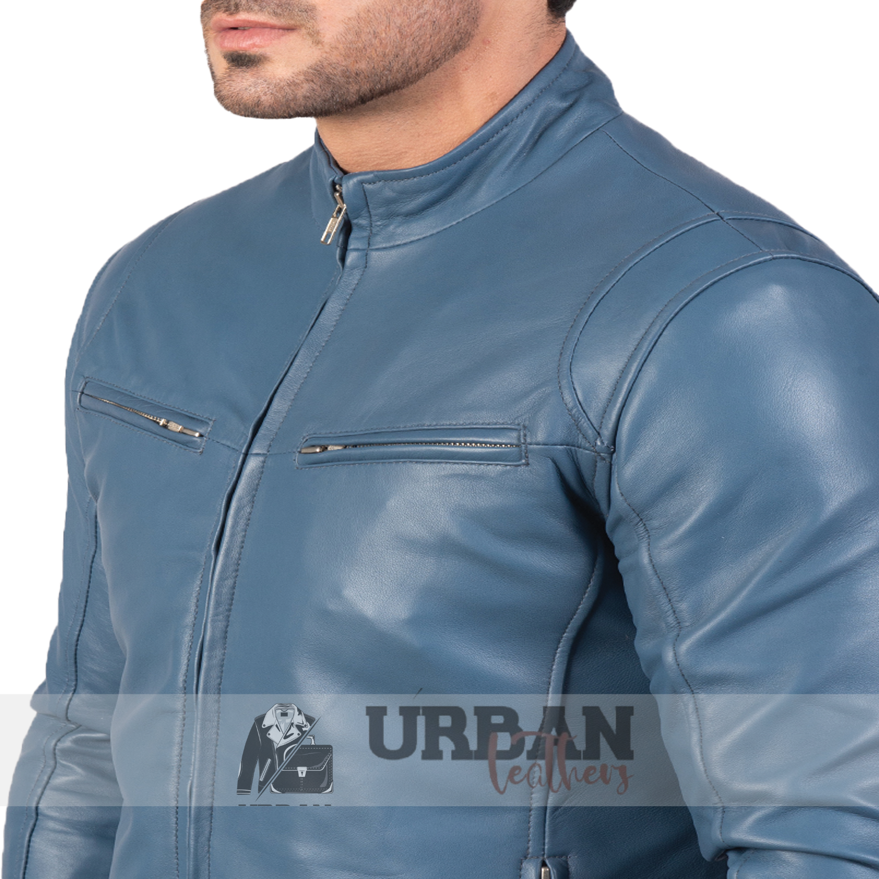 Men's premium black leather bomber jacket with ribbed cuffs and front zipper, designed for a sleek, timeless look.