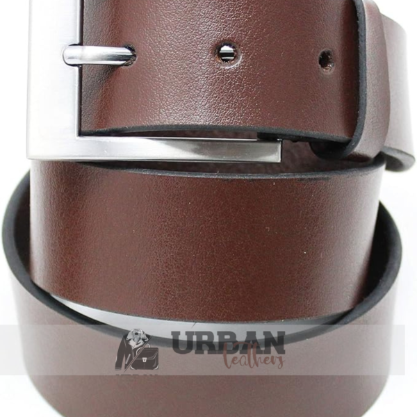 Stylish leather belt with a sleek metal buckle for men.