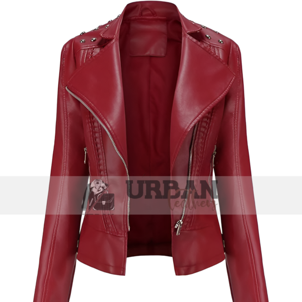 The Women's Rivet Leather Jacket offers a slim fit, premium leather, and bold rivet details, ideal for stylish spring and autumn wear