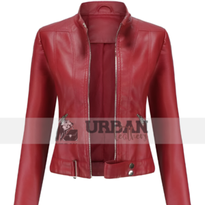 Casual women's brown leather jacket with zip-up design.