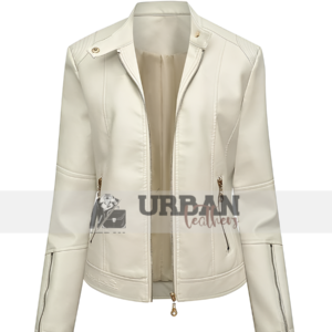 Women's zippered biker leather jacket.