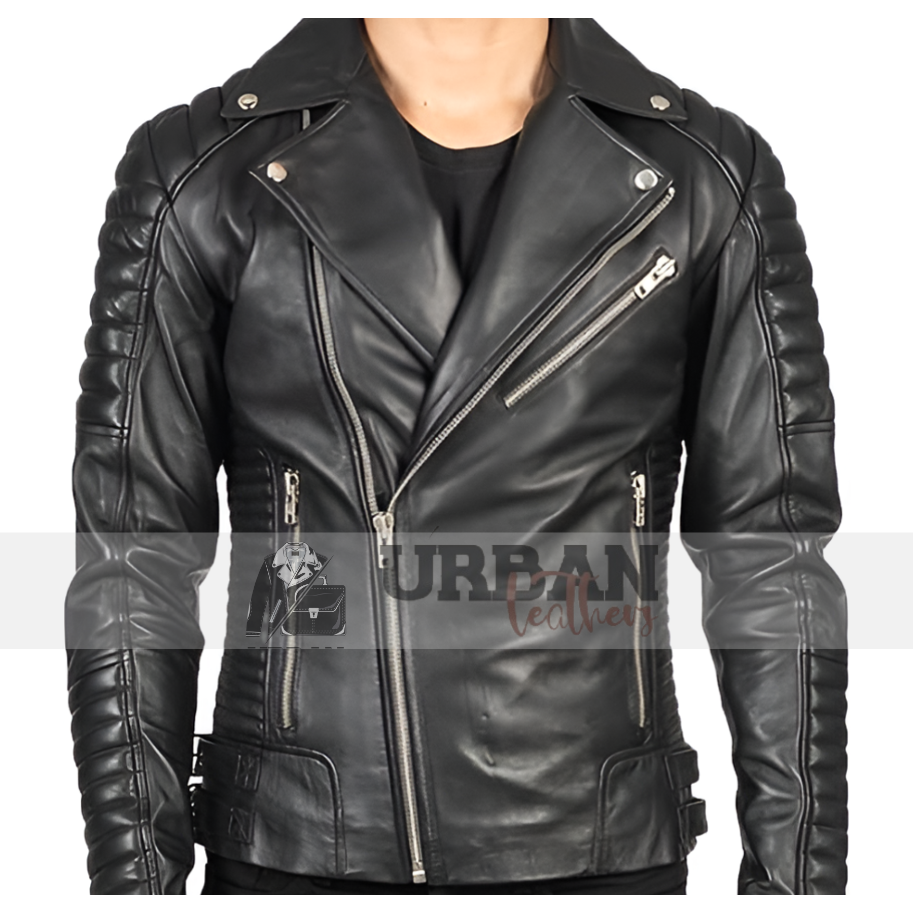 Men's zippered biker jacket with quilted details.