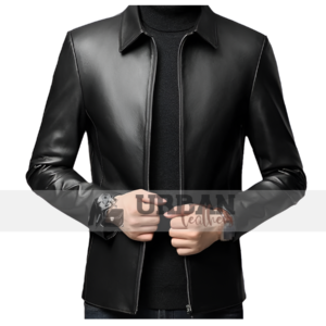 Men's Leather Biker Jacket with Quilted Details.