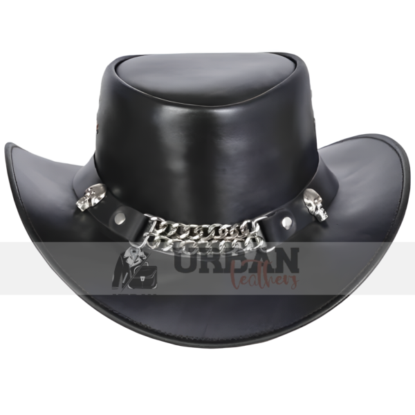 Black leather outback hat with skull chain detail.