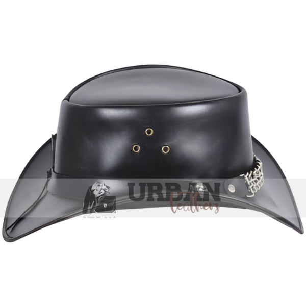 Black leather outback hat with skull chain detail.