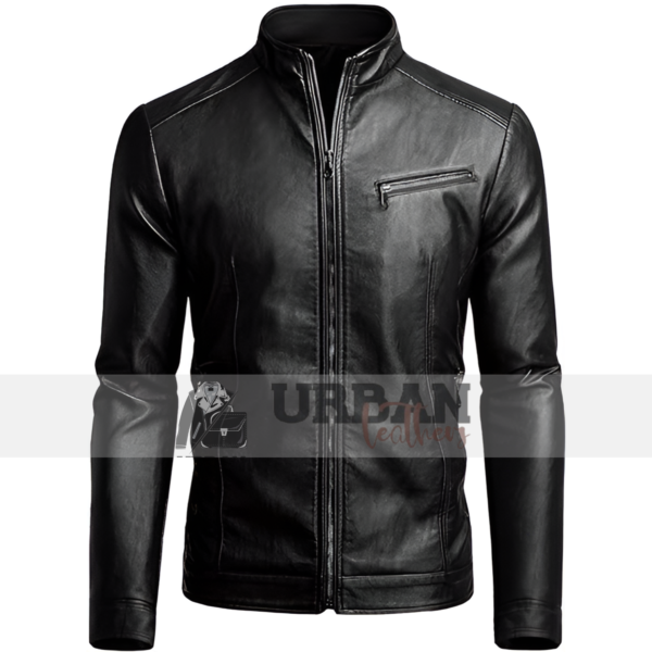 Men's faux leather jacket with zipper details, slim-fit design, and practical pockets for a stylish, modern look.