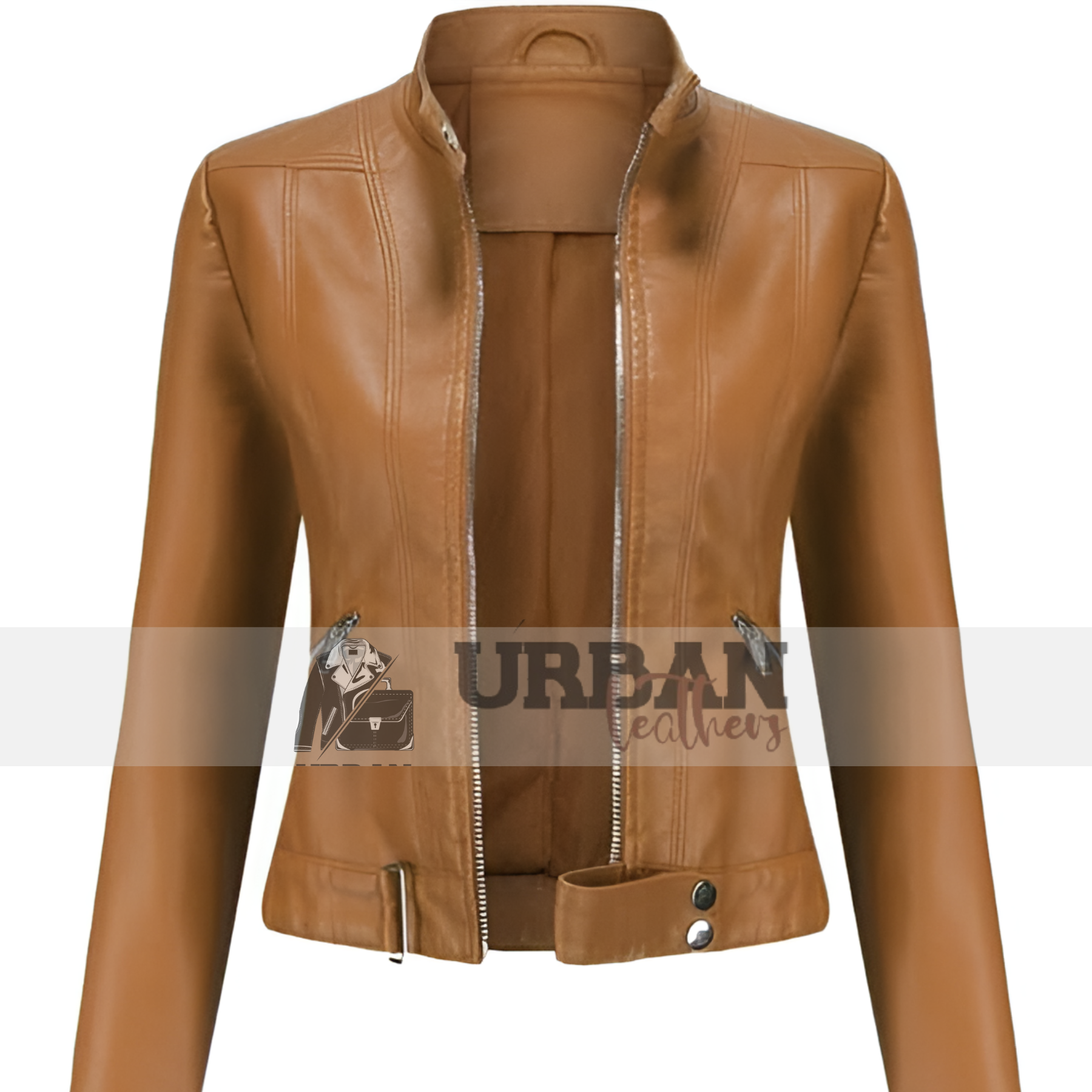 Casual women's brown leather jacket with zip-up design.