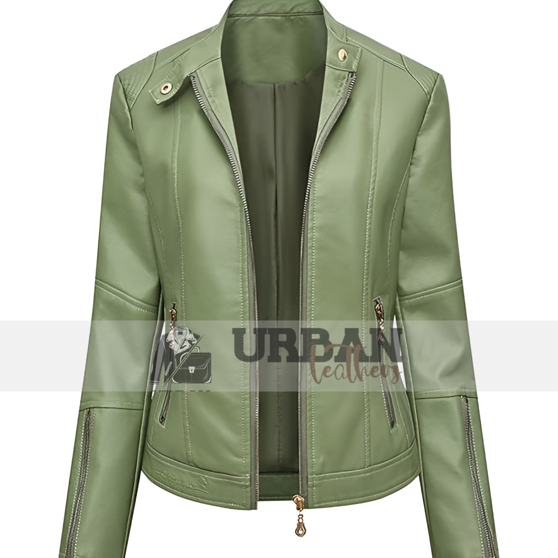 Women's zippered biker leather jacket.