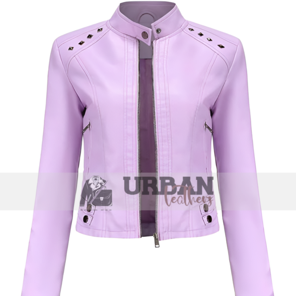 Women's classic leather jacket with metallic accents.