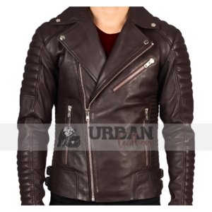 Men's zippered biker jacket with quilted details.