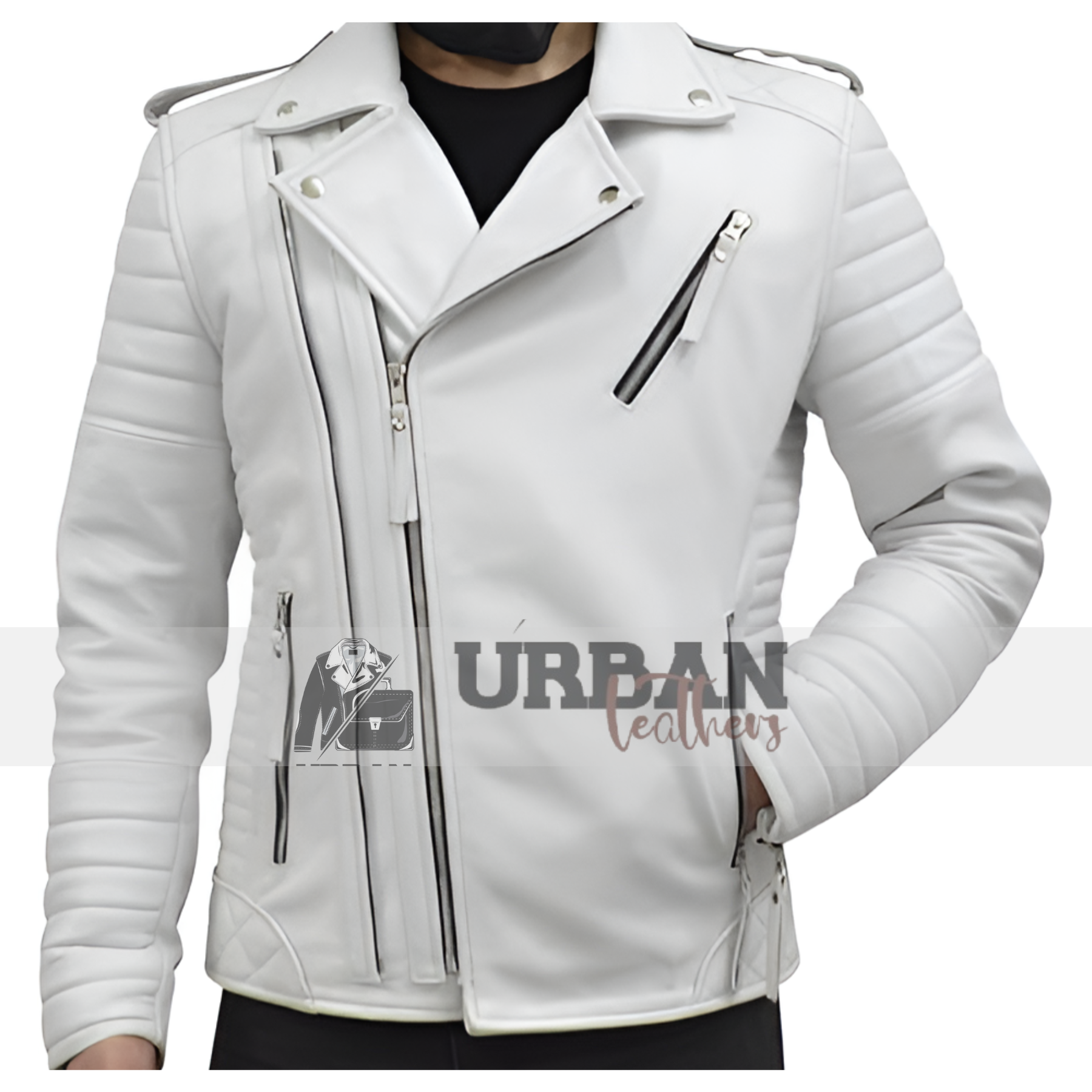 Men's quilted leather biker jacket with zipper detail.