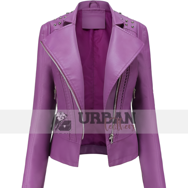 The Women's Rivet Leather Jacket offers a slim fit, premium leather, and bold rivet details, ideal for stylish spring and autumn wear