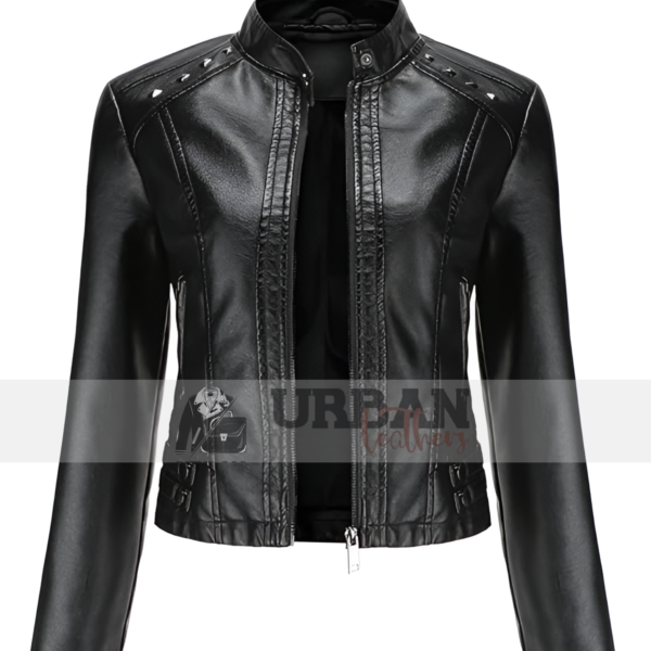 Women's classic leather jacket with metallic accents.