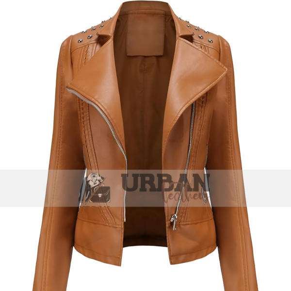 The Women's Rivet Leather Jacket offers a slim fit, premium leather, and bold rivet details, ideal for stylish spring and autumn wear