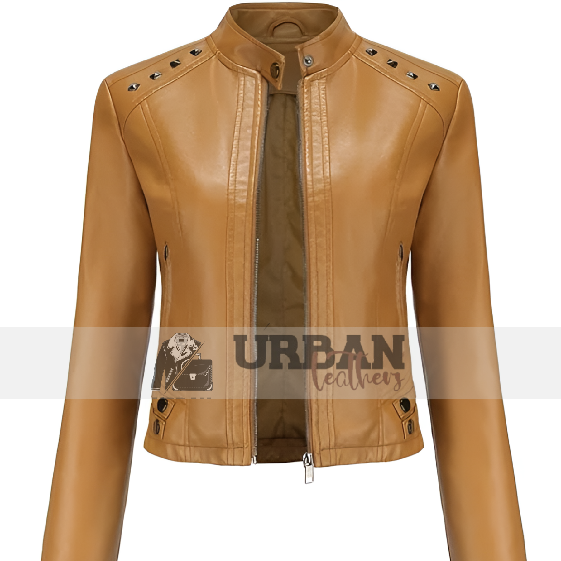 Women's classic leather jacket with metallic accents.