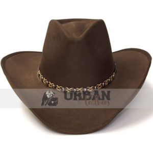 Brown suede Western cowboy hat with a braided chain