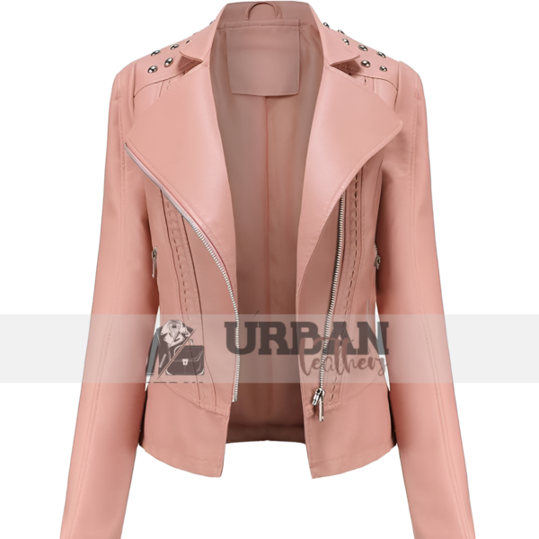 The Women's Rivet Leather Jacket offers a slim fit, premium leather, and bold rivet details, ideal for stylish spring and autumn wear