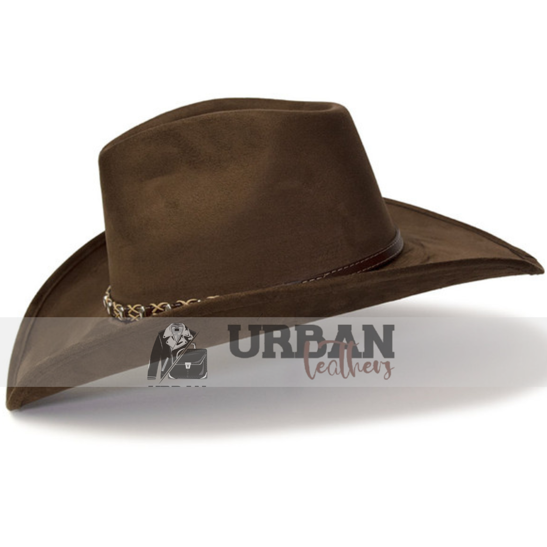 Brown suede Western cowboy hat with a braided chain