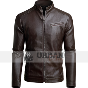 Men's faux leather jacket with zipper details, slim-fit design, and practical pockets for a stylish, modern look.