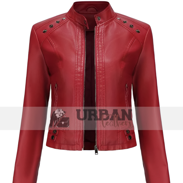 Women's classic leather jacket with metallic accents.